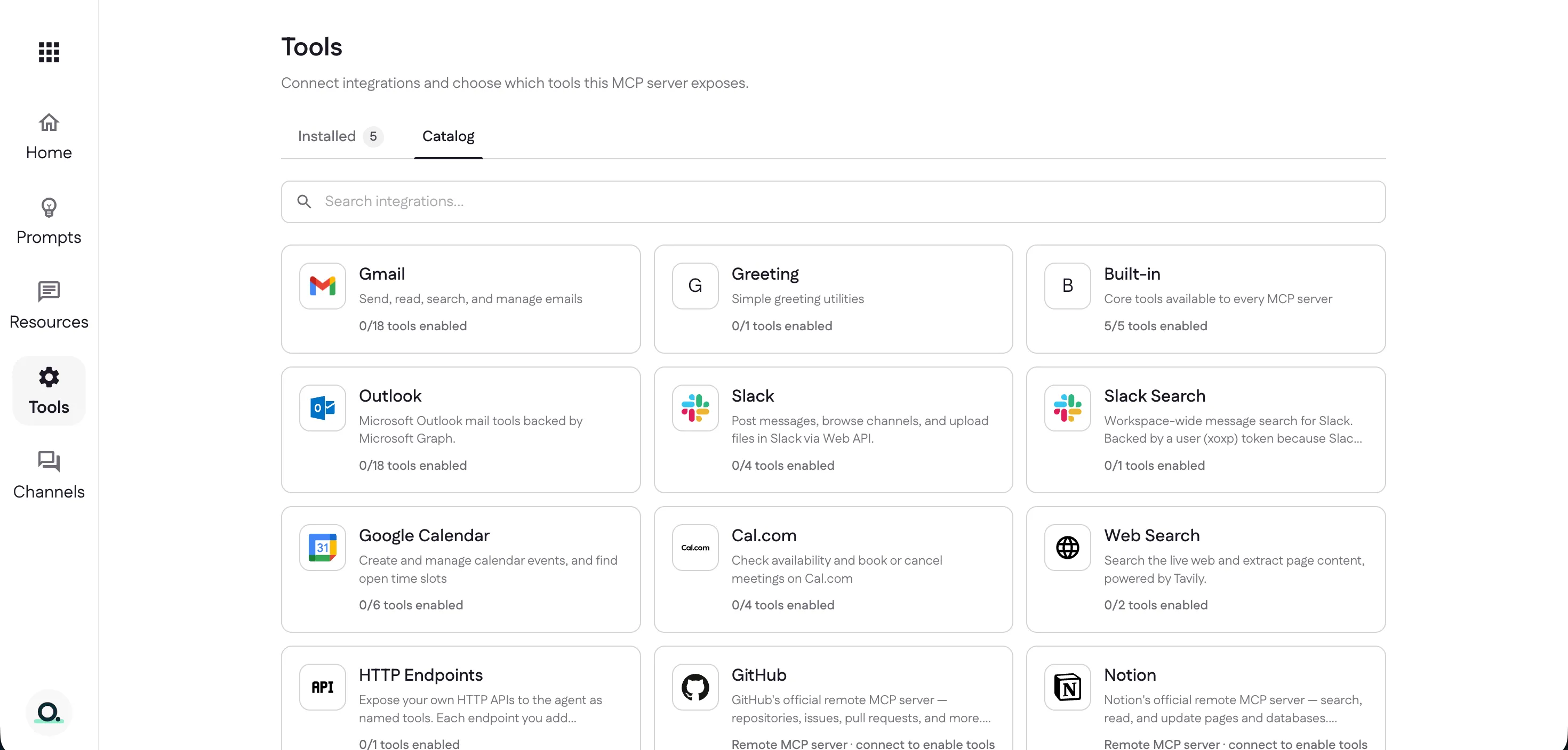 The Tools catalog with integration cards like Gmail, Slack, and Google Calendar
