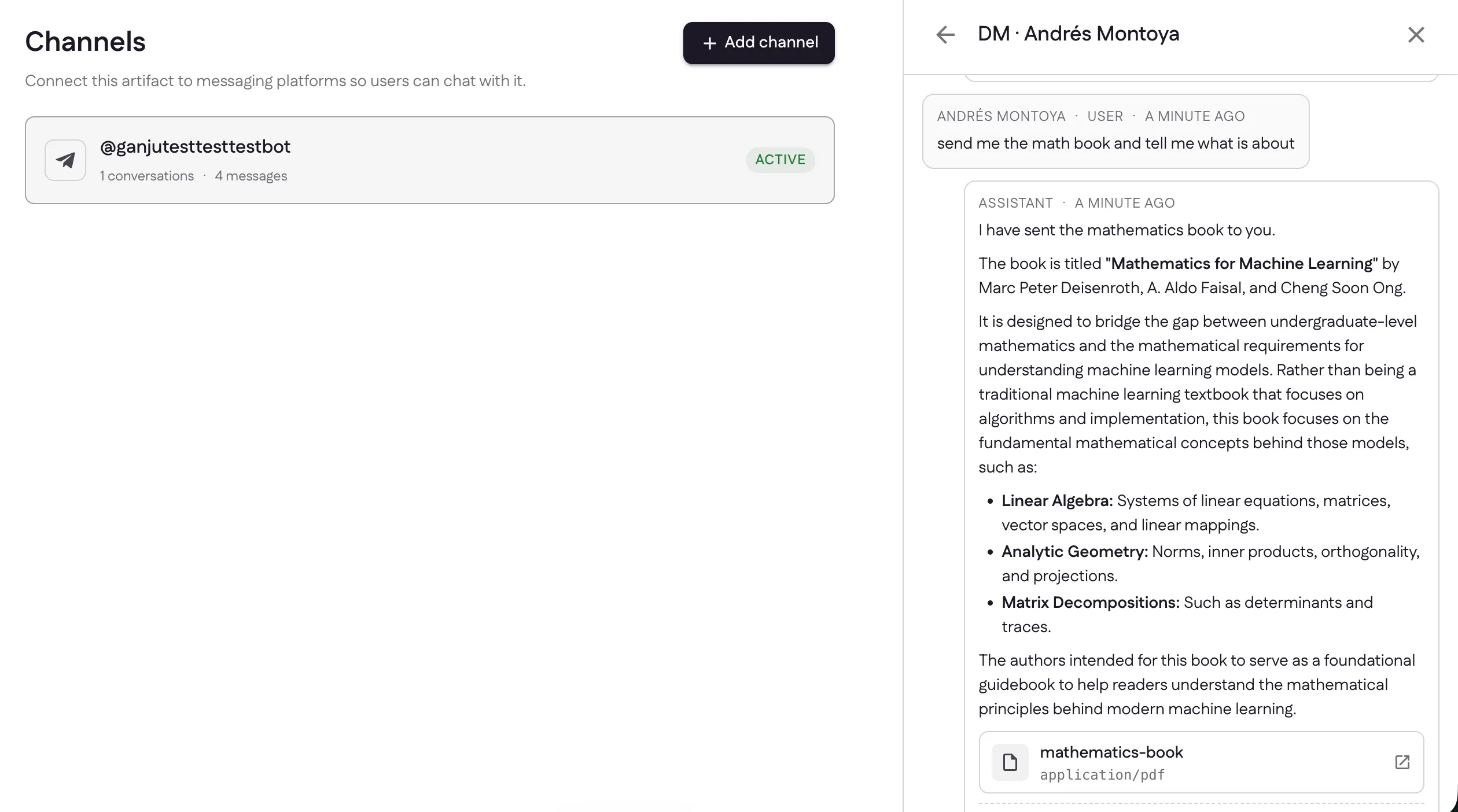 The Channels page showing conversation and message counts alongside a delivered file attachment