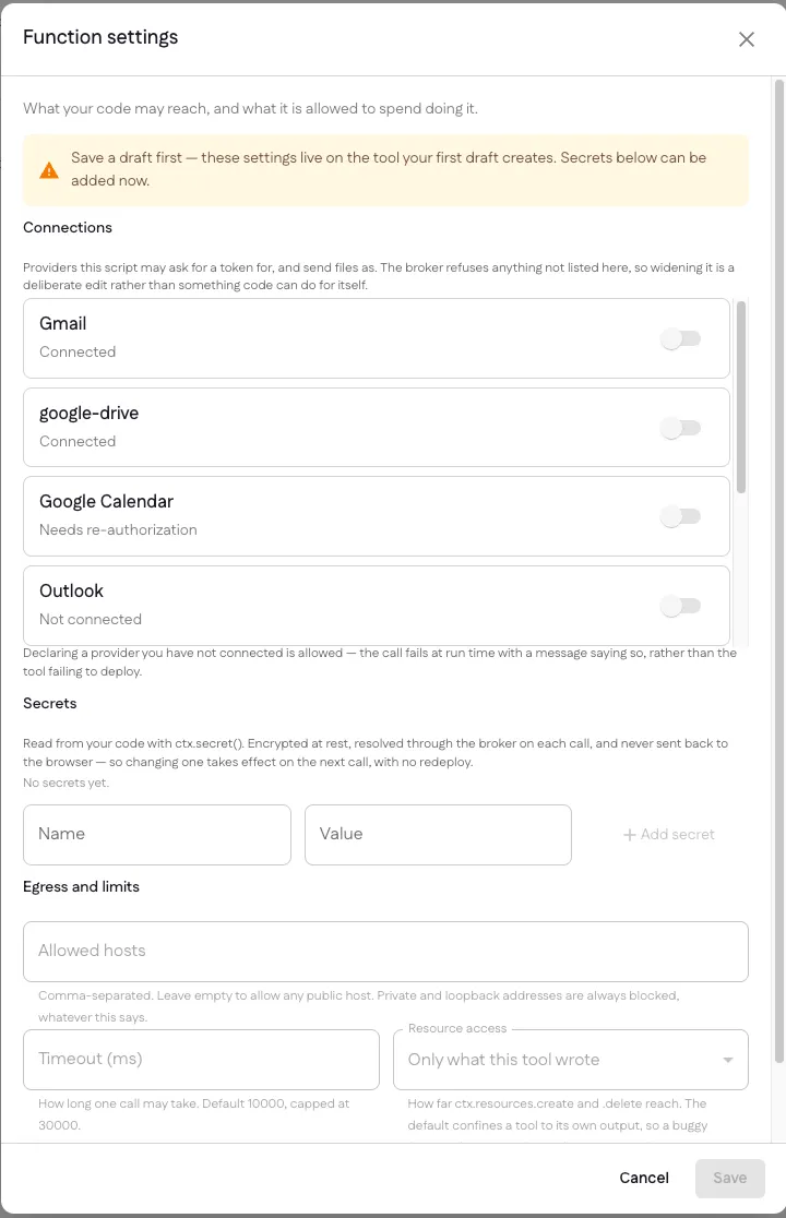 The Function settings dialog showing connections, secrets, allowed hosts, timeout and resource access