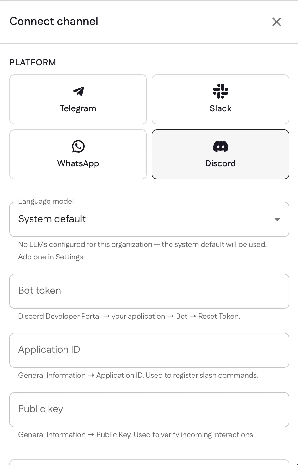 The Connect channel panel with Discord selected, showing Bot token, Application ID, and Public key fields