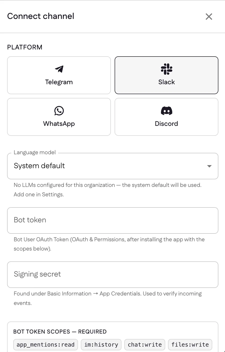 The Connect channel panel with Slack selected, showing Bot token and Signing secret fields and the required bot token scopes