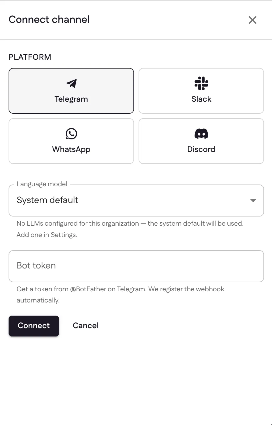 The Connect channel panel with Telegram selected and a single Bot token field