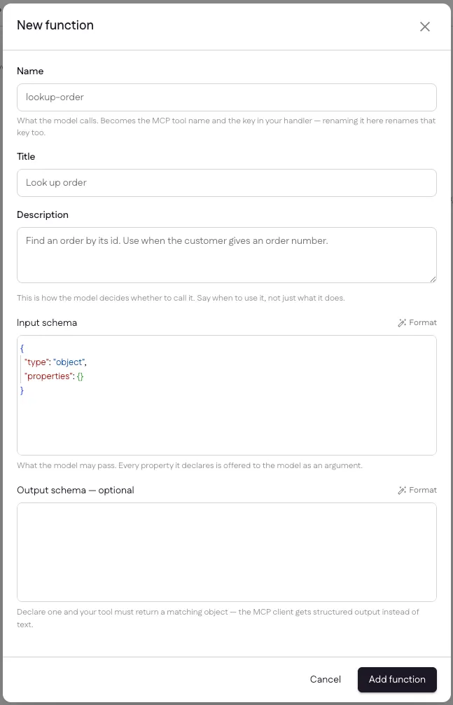 The New function dialog with name, title, description, input schema and optional output schema