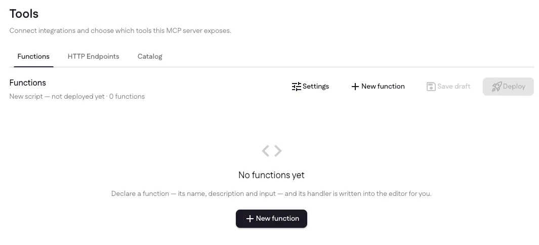 The Tools page on the Functions tab, empty, with New function, Settings, Save draft and Deploy