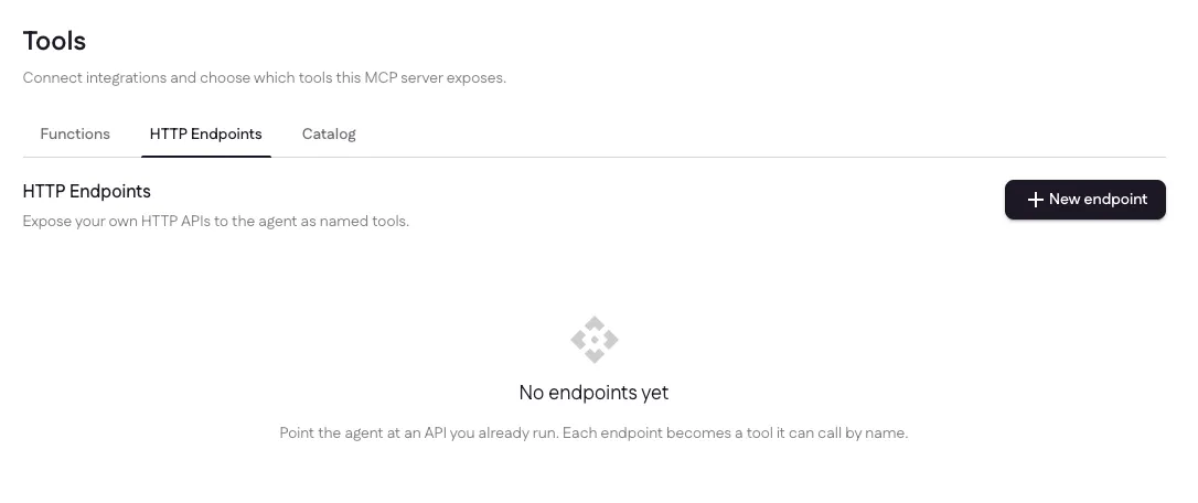 The Tools page on the HTTP Endpoints tab, empty, with a New endpoint button