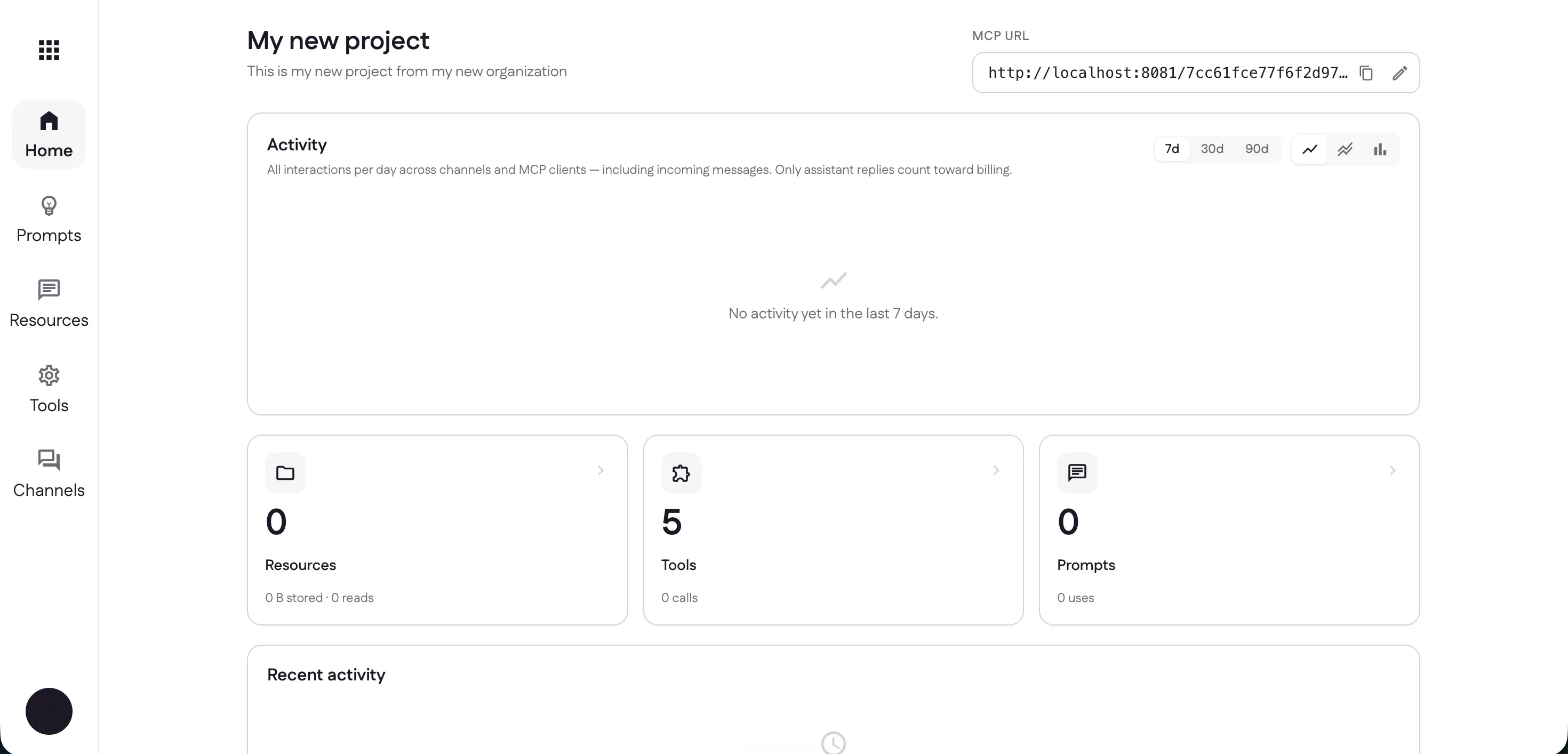 The new project dashboard showing the MCP URL, an activity chart, and Resources, Tools, and Prompts cards