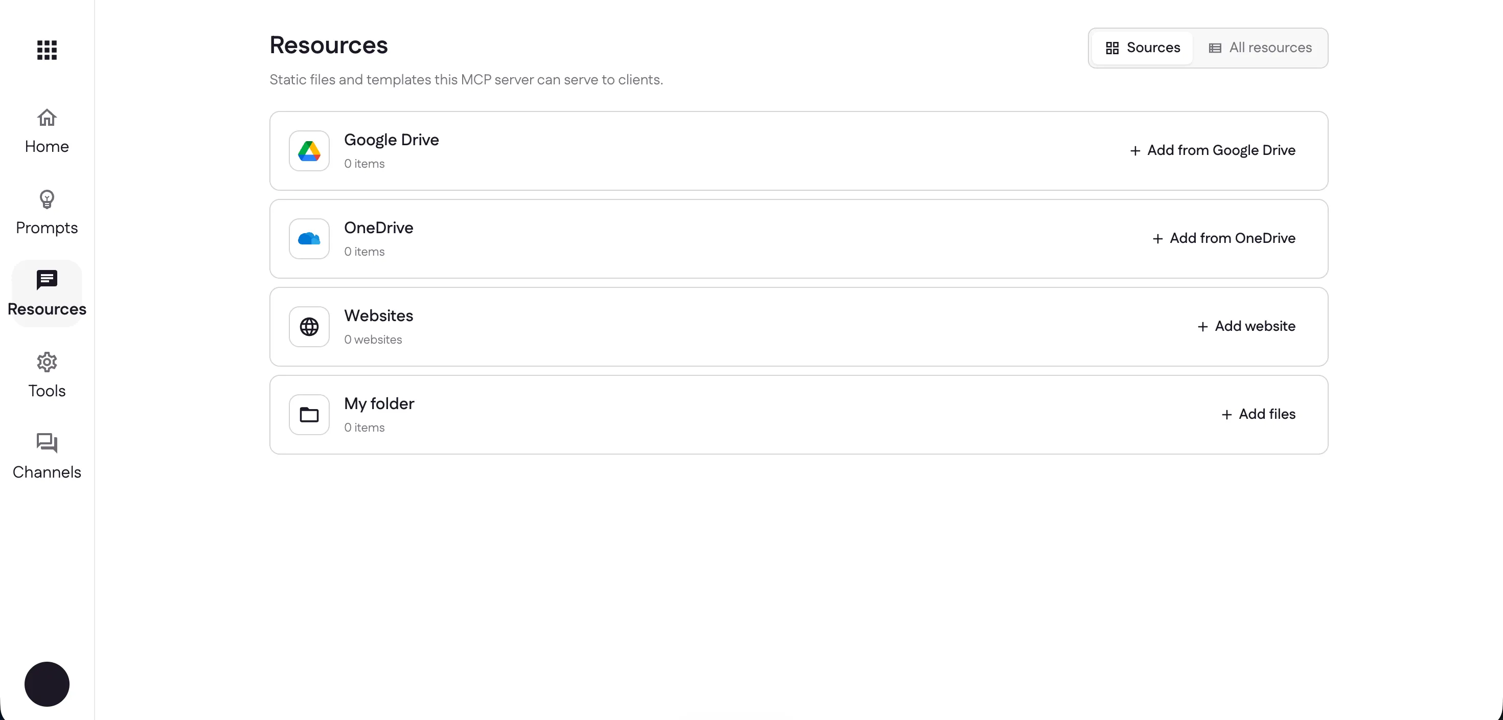 The Resources page showing Google Drive, OneDrive, Websites, and My folder sources