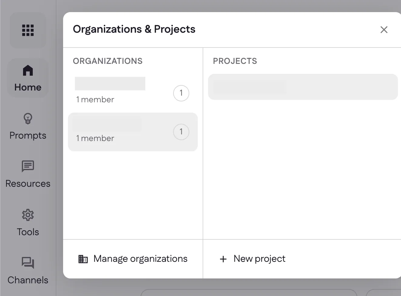 The Organizations & Projects switcher showing organizations on the left and their projects on the right, with Manage organizations and New project actions