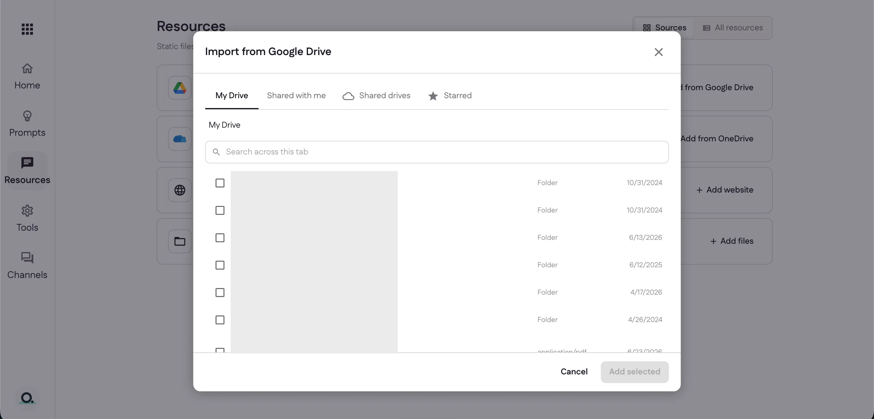 The Import from Google Drive picker with tabs for My Drive, Shared with me, Shared drives, and Starred