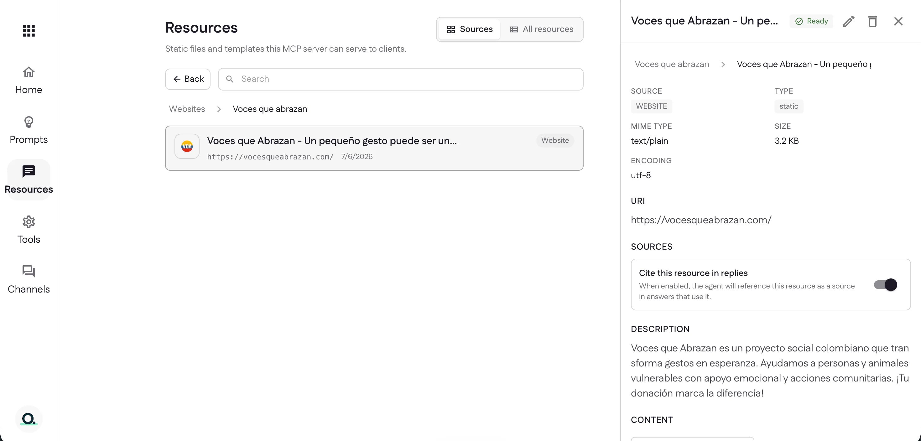 A crawled website page marked Ready, showing its source, type, size, URI, and Cite in replies toggle